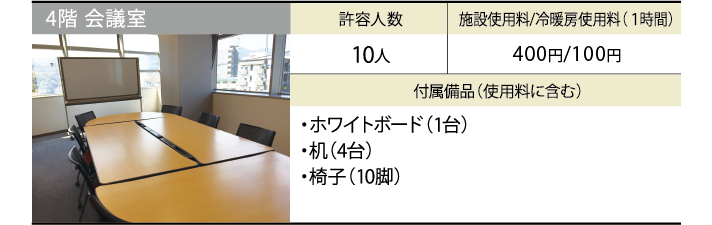 4階 会議室 許容人数 10人 施設使用料/冷暖房使用料（１時間） 300円/100円