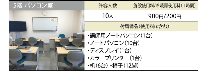 5階 パソコン室 許容人数 10人 施設使用料/冷暖房使用料（１時間） 800円/200円